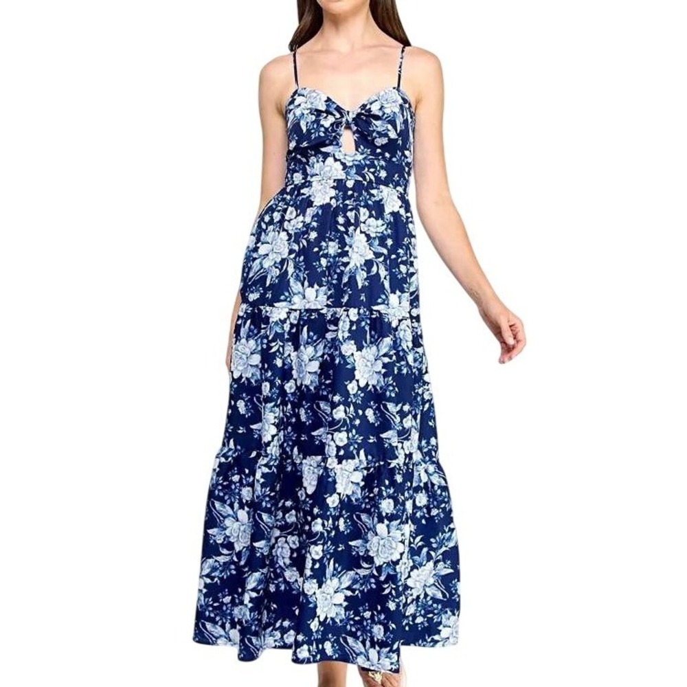 Trixxi Womens Navy Blue White Floral Tiered Midi Dress Smocked Back Size M